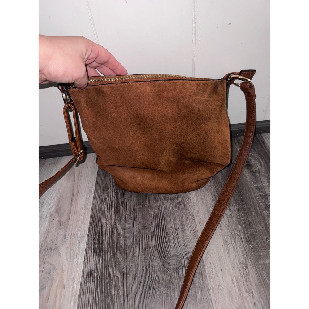 Brown Leather Trim Crossbody Shoulder Bag – Geometric Lining – Adjustable Strap